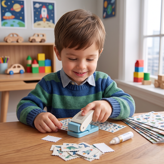 DIY-Papierstanzer im Briefmarken-Design für Kinderbasteleien