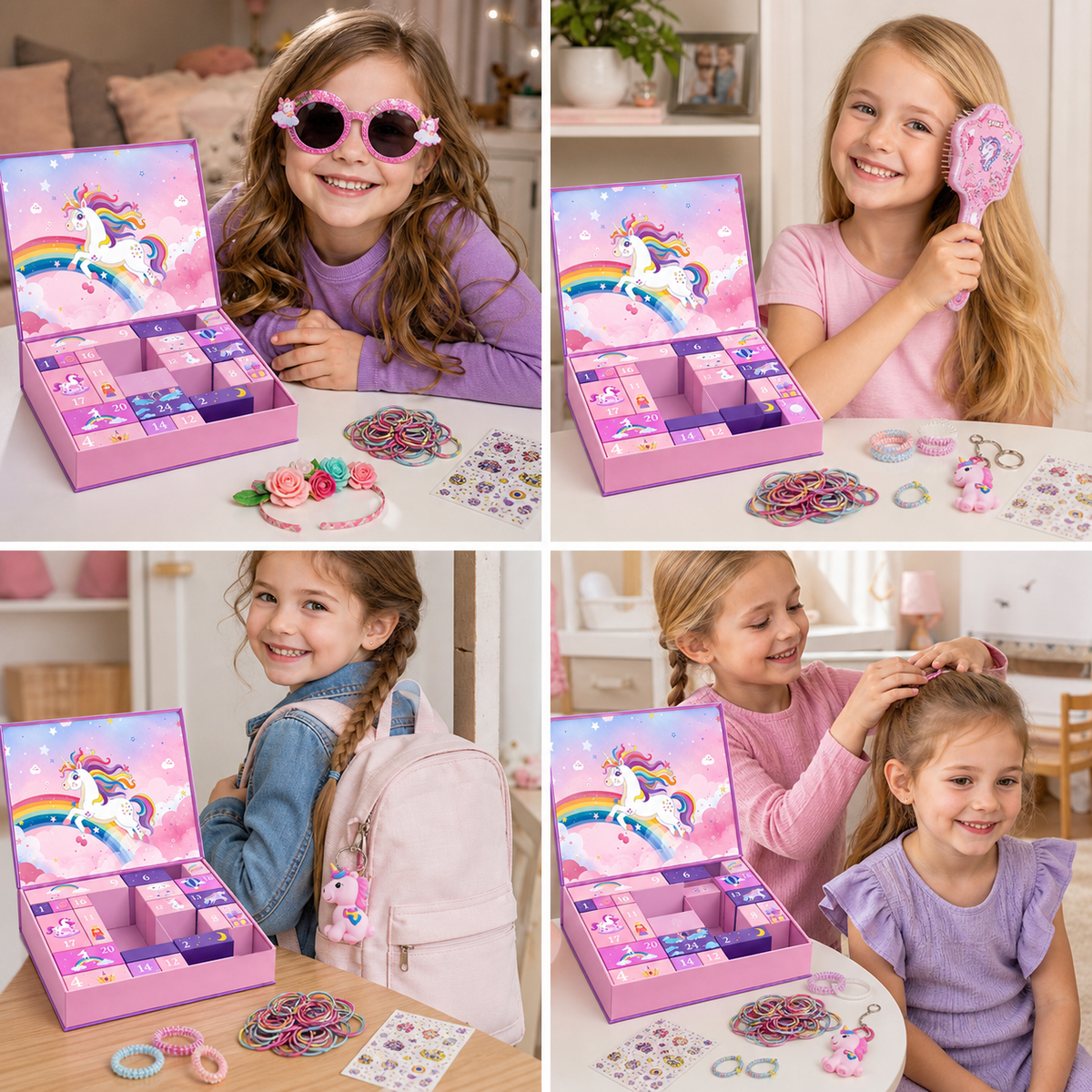 24-Tage-Einhorn-Adventskalender mit Haaraccessoires, Stickern & Überraschungsgeschenken