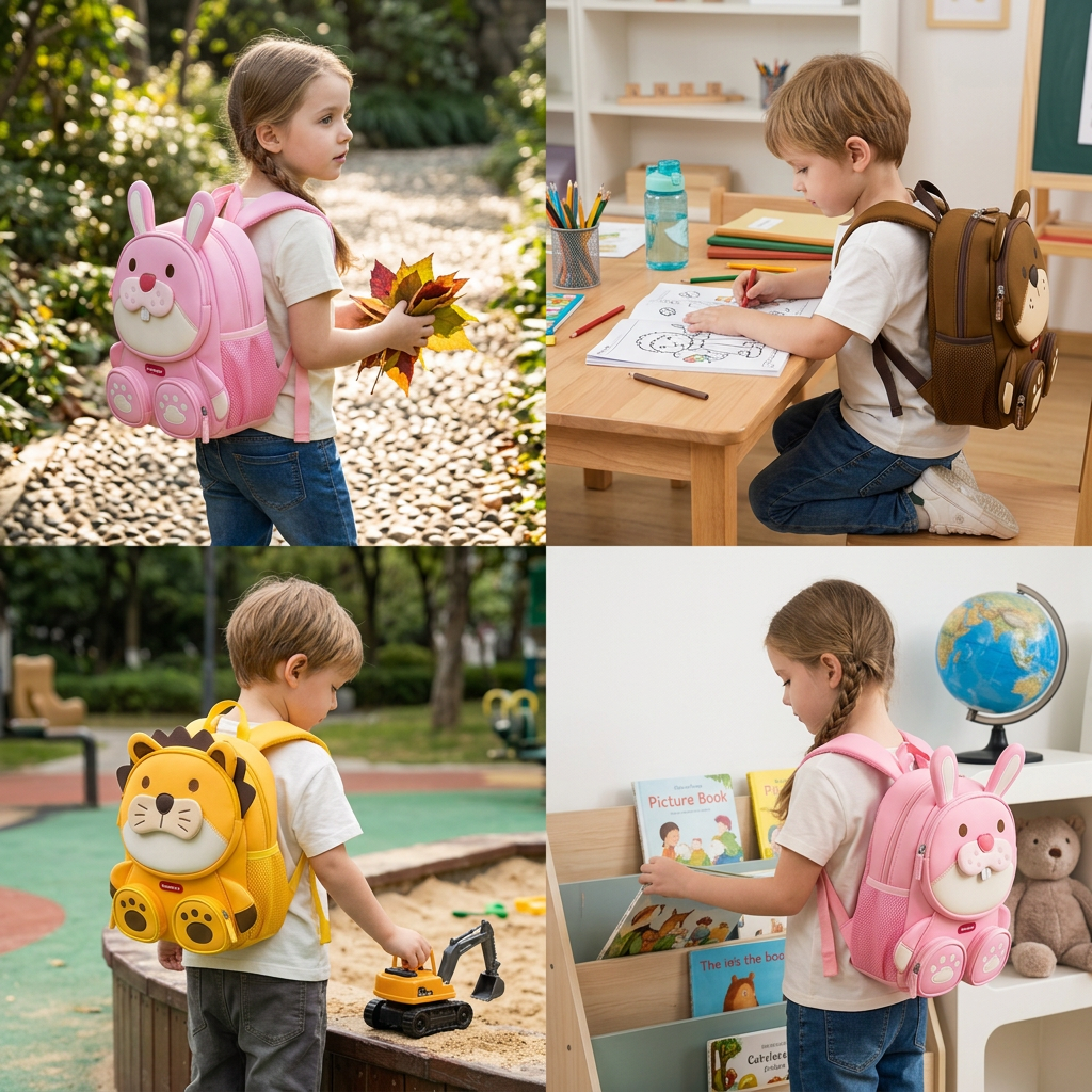 Kinder-Rucksack mit Cartoon-Tiermotiv – Leichter Schulrucksack mit mehreren Fächern