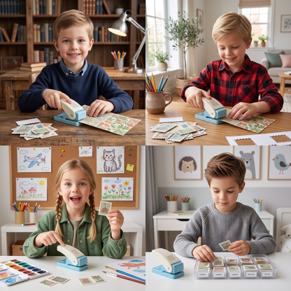 DIY-Papierstanzer im Briefmarken-Design für Kinderbasteleien