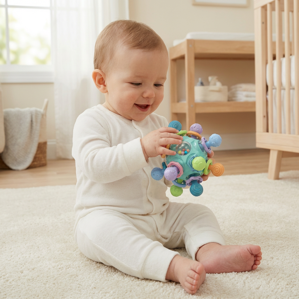 Sensorischer Baby-Greifball mit Silikon Beißhilfe und Rassel