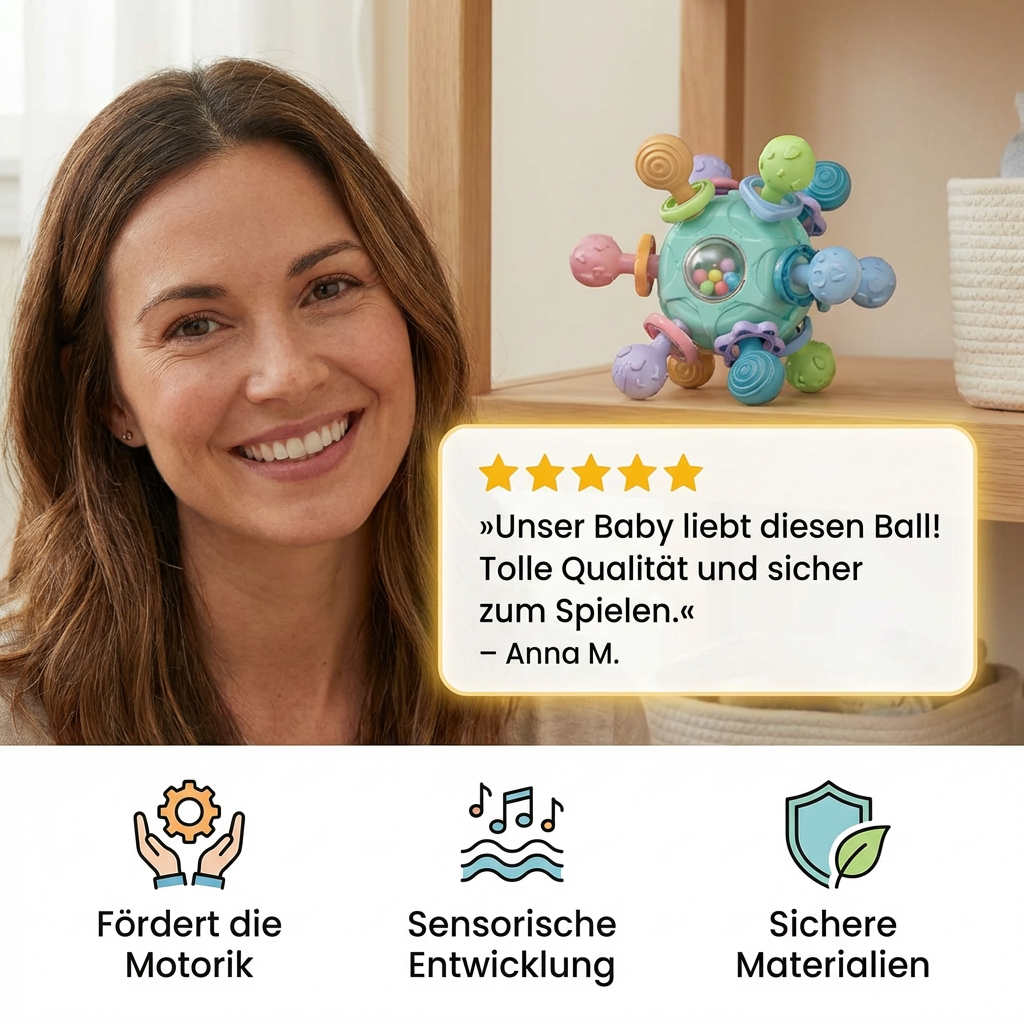 Sensorischer Baby-Greifball mit Silikon Beißhilfe und Rassel