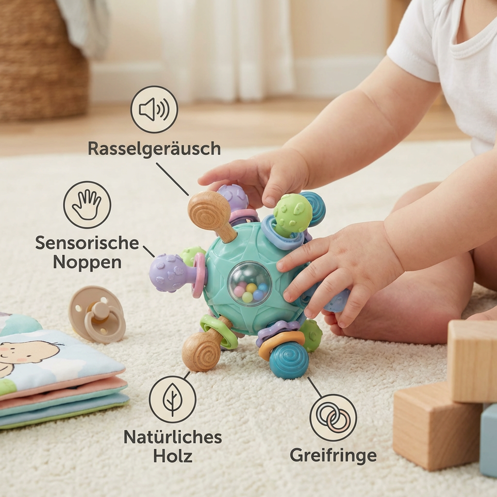 Sensorischer Baby-Greifball mit Silikon Beißhilfe und Rassel