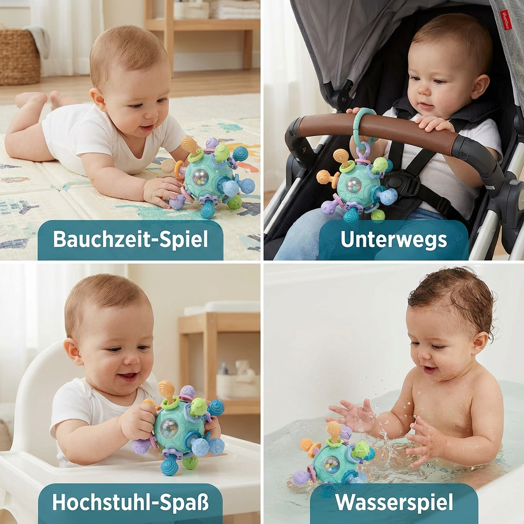 Sensorischer Baby-Greifball mit Silikon Beißhilfe und Rassel