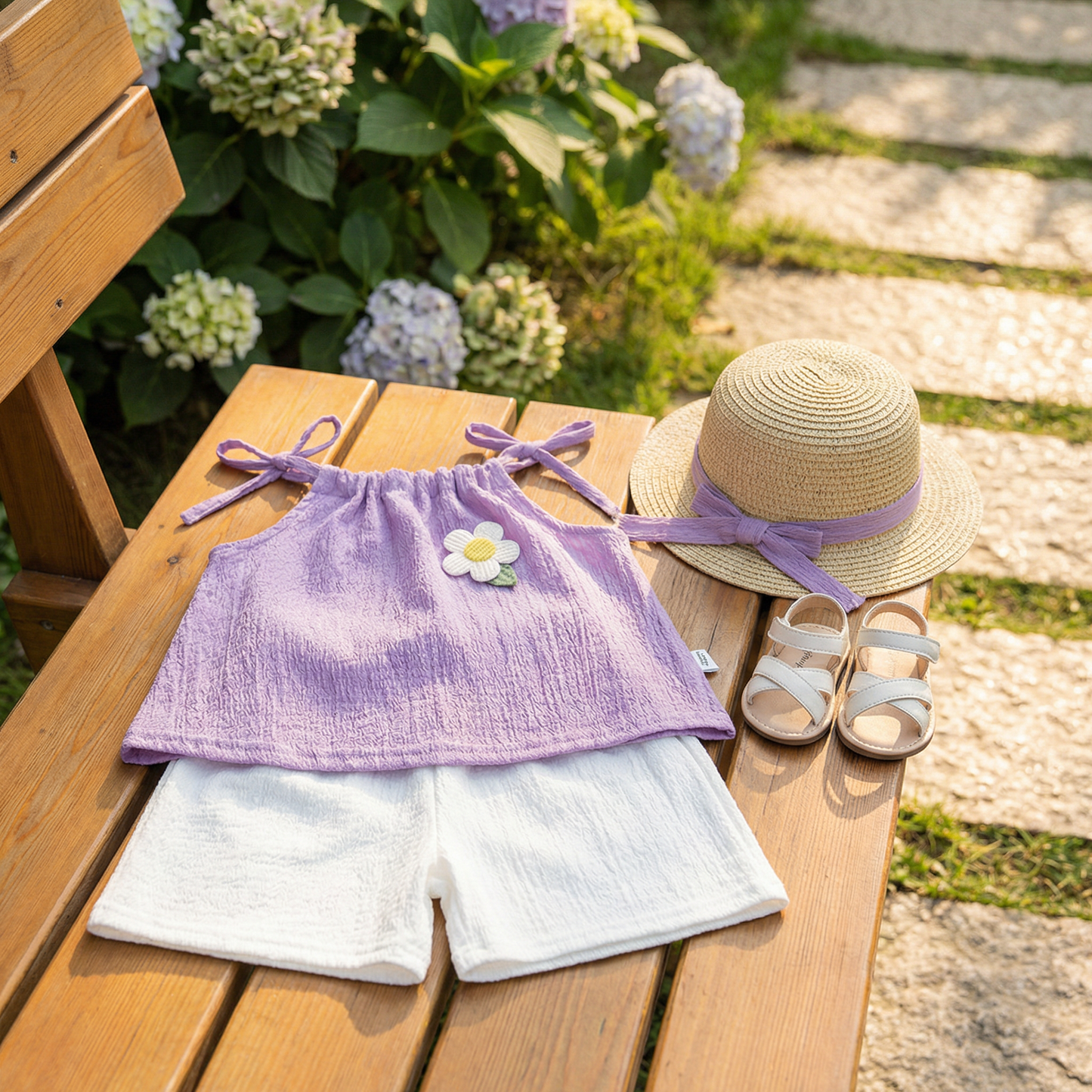 Sommerliches 2-teiliges Mädchen-Set im Koreanischen Stil – Blumen-Trägeroberteil mit Shorts