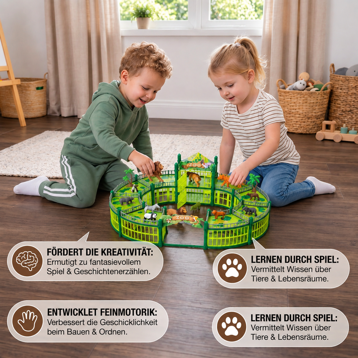 Modulares Zoo-Spielset zum Selbstbauen mit Tierfiguren & interaktiven Gehegen