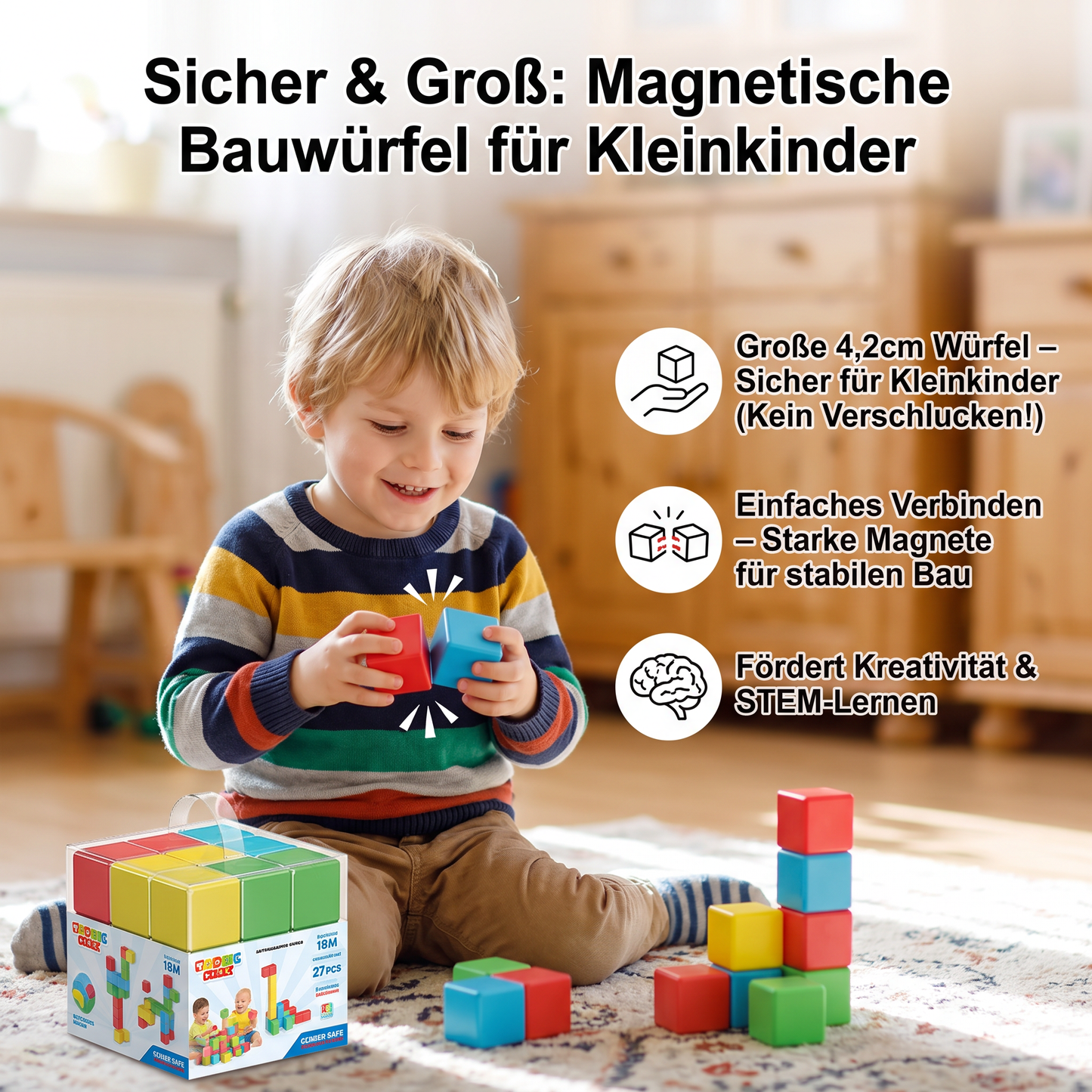 Kleinkindsichere 4,2-cm-Magnetbausteine – STEM-Lernwürfel