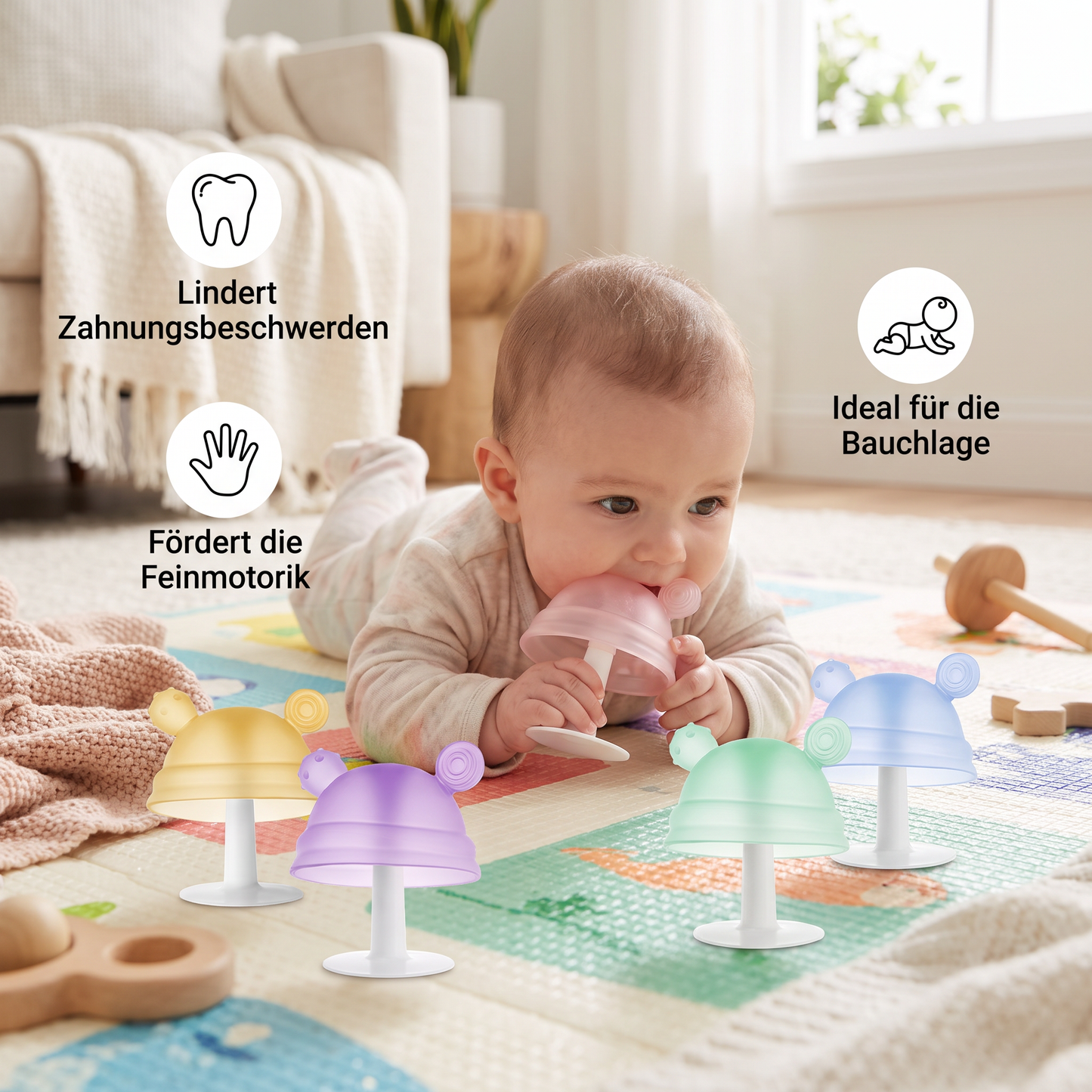 Baby-Beißring in Pilzform aus Silikon für kleine Hände