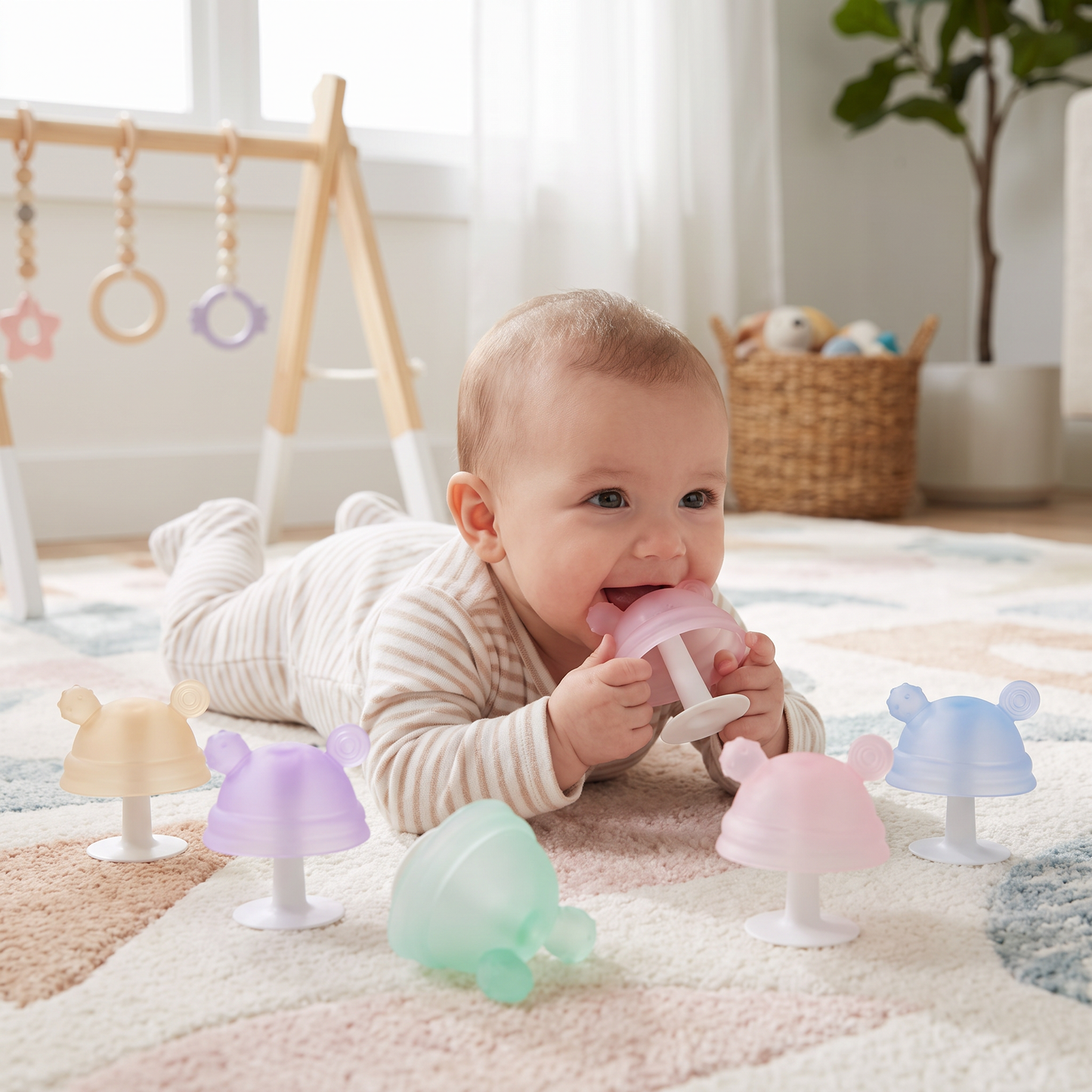 Baby-Beißring in Pilzform aus Silikon für kleine Hände