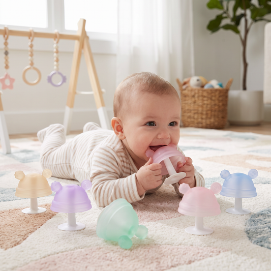 Baby-Beißring in Pilzform aus Silikon für kleine Hände
