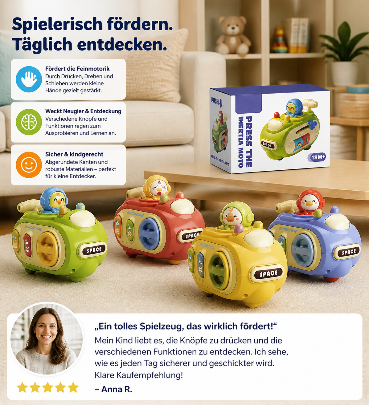 5-in-1 Press-&-Go Beschäftigungs-Auto zur Förderung der Feinmotorik