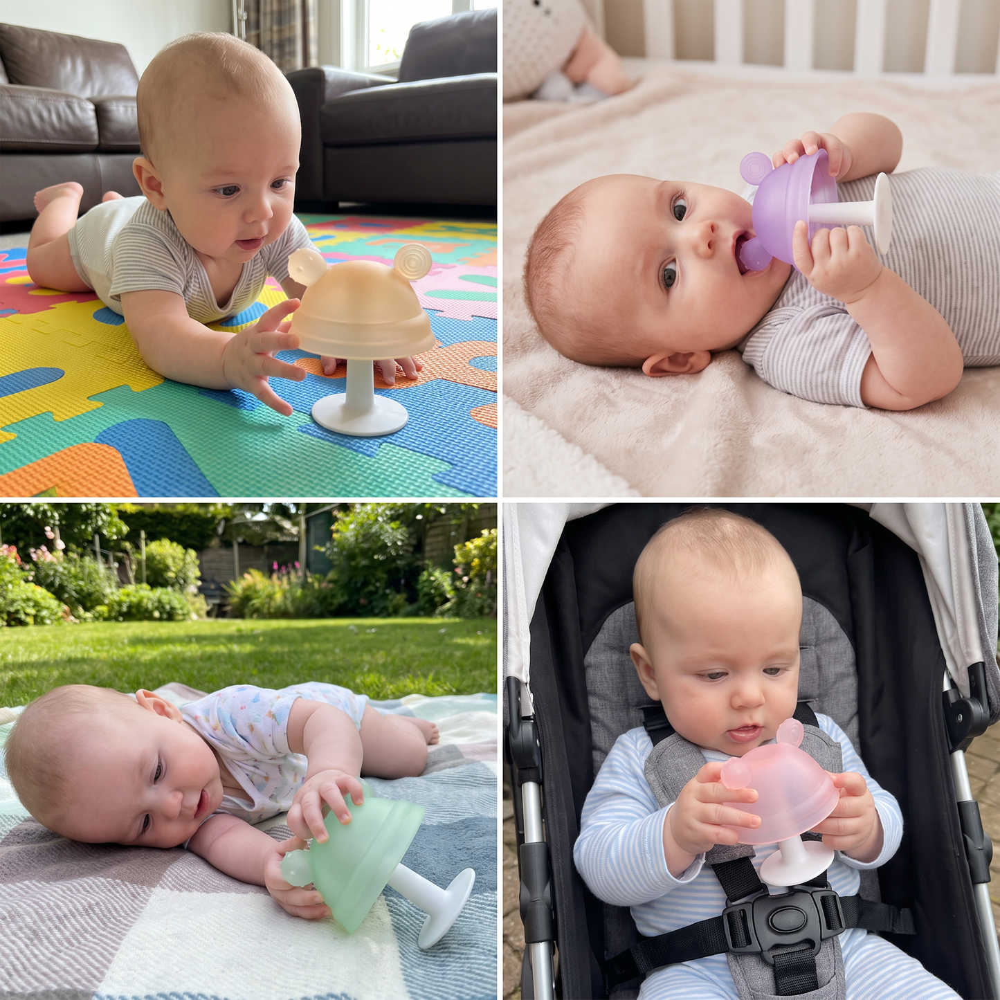 Baby-Beißring in Pilzform aus Silikon für kleine Hände