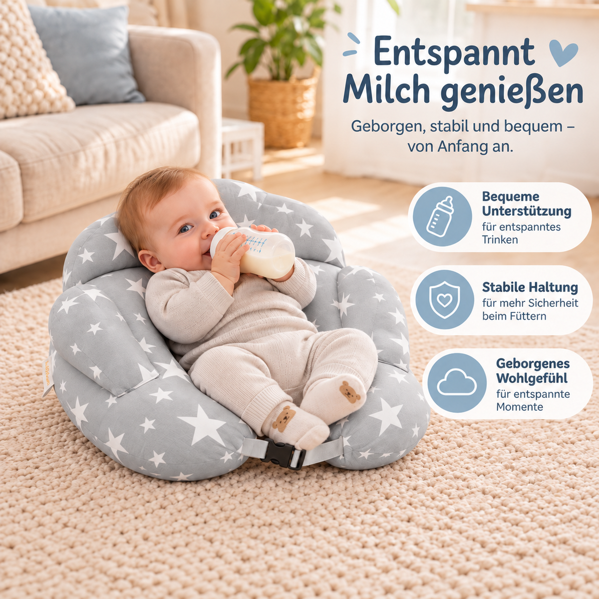 Multifunktionales Stillkissen zum Stillen & Fläschchenfüttern mit abnehmbarem Bezug