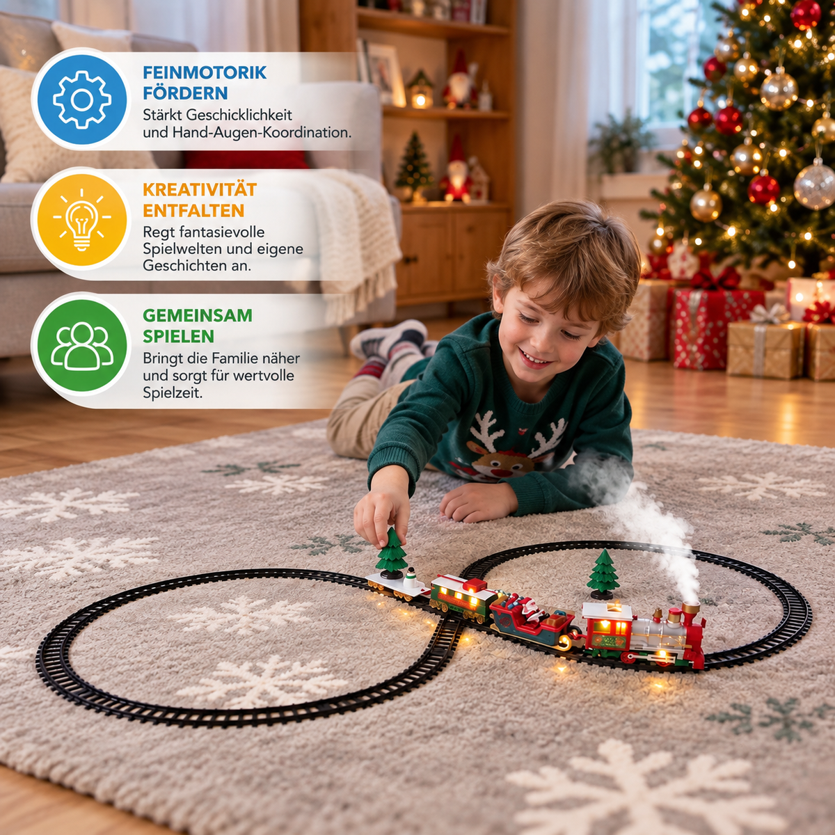 Elektrische Kinder-Eisenbahn mit Licht-, Sound- & Dampfeffekten